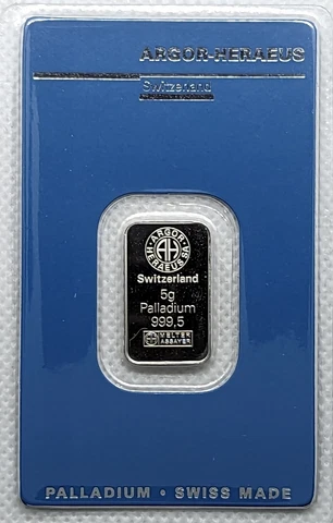5 gram Palladium Bar - Argor Heraeus - 999.5 Fine Cover