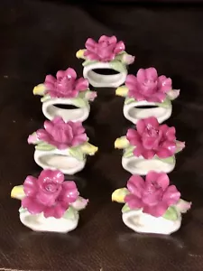 Royal Albert Old Country Rose Sculpted Pink Rose 7 Serviettenringe Vintage 1962 - Bild 1 von 8