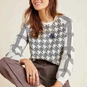 Anthropologie Bailey Pullover Sweater Size S Houndstooth Knit Design - Picture 1 of 11