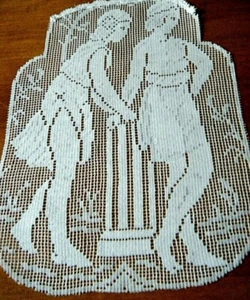 Red de filete victoriana antigua anudada a mano panel de lino maldita figurativo con pareja romana  - Imagen 1 de 6