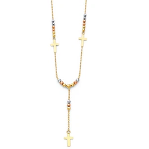 Genuine 14k Tri-tone Gold 2.5mm Ball Religious Cross 17+1" Rosary Necklace - Picture 1 of 9