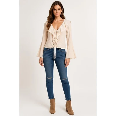 Blusa Semilla Mostaza Mujer M Beige Volantes Corbata Boho Fluida Texturizada Femenina Elegante Foto 1 de 4