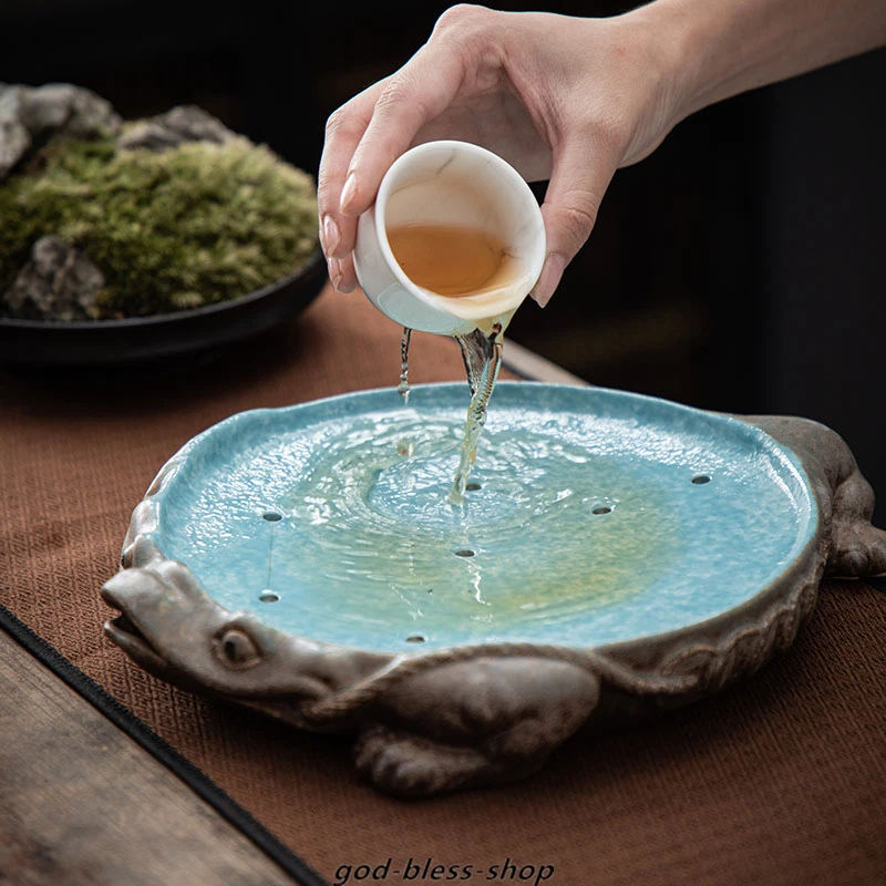 10.2" Tea Pot Pottery Frog Statue Pot Mat Reservoir Tray Plate Creative Collect - Image 1 of 4