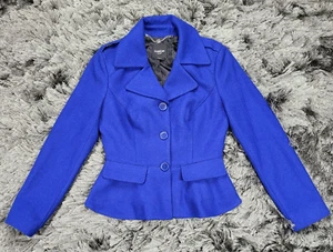 Bebe Pea Coat Women's XS Blue Wool Logo Single Breasted Long Sleeve Notch Lapels - Picture 1 of 20