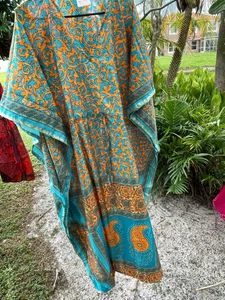Womens Kaftan Maxi Dress Blue Orange Printed Lounger Maternity Long Caftan 2XL