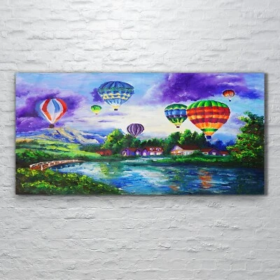 Wandbilder Glasbild Druck auf Glas 120x60 Bild Malerei Luftballons Dorf Wasser - Bild 1 von 4