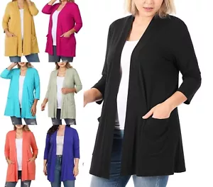 1X 2X 3X Women 3/4 Sleeve Long Sleeve Open Cardigan Slouchy Pockets Knee Length - Picture 1 of 31