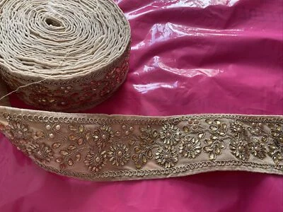 Dark Beige Velvet And Gold Beaded trim sold per yard 3inch Wide - Image 1 of 3