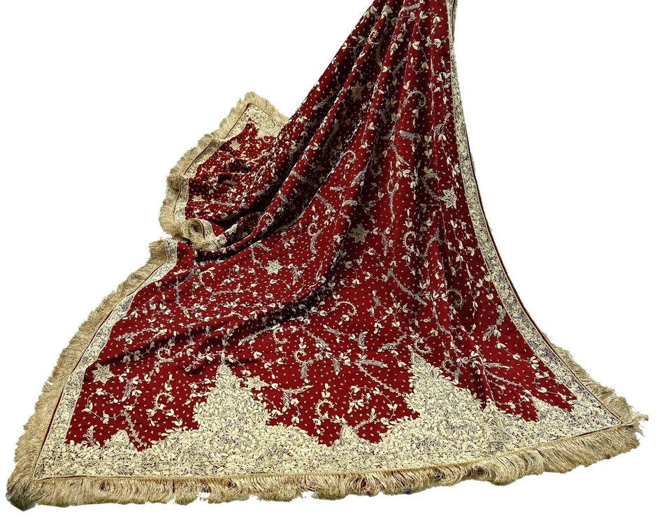 Vintage Heavy Wedding Maroon Dupatta Pure Satin Silk Long Stole Hand Embroidered - Image 1 of 4