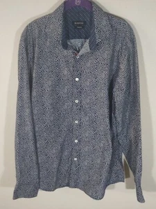 Bugatchi Men's Navy Blue & White Tiny Heart Print Button Up Shaped Fit Large - Picture 1 of 9
