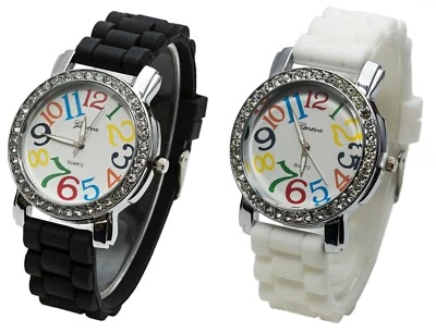 2 Pack White and Black Geneva Women's Large Round Face Silicone Rainbow Numbers - Image 1 of 4