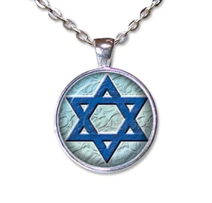 PASSOVER Gift Star of David Hebrew Blue - Handmade ROUND Glass Pendant Necklace - Picture 1 of 10