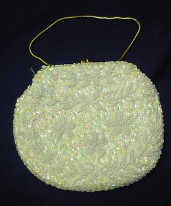 vtg Beaded Sequin Evening Handbag iridescent ivory gold chain handmade Hong Kong - Picture 1 of 9