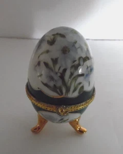 Egg Shaped Trinket Box Blue Green Gold Floral - Picture 1 of 9