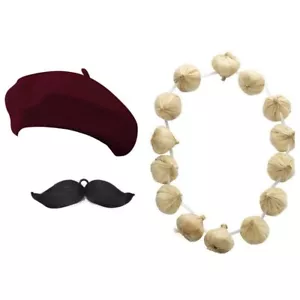 Burgundy French Beret Set School Fancy Dress Garlic Necklace French Costume - Picture 1 of 1