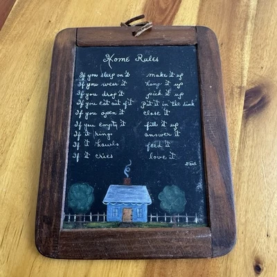 Handmade Chalkboard Home Rules Wall Hanger Artwork Signed Drue VTG Cottage Farm - Image 1 of 4