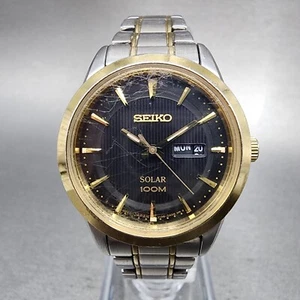 Seiko Solar Watch Women 28mm Blue Dial Two Tone Daydate Round READ!!!! V138-0AB0 - Picture 1 of 11