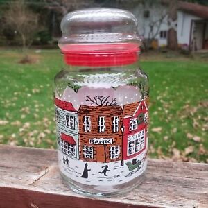 Vintage Libbey Clear Glass 7" Christmas Village Snow Scene Canister / Candy Jar