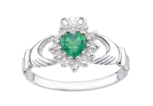 Sterling Silver Simulated EMERALD & CZ Claddagh Ring - sizes J to U - Picture 1 of 8