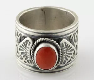 7.75 - Natural Mediterranean Coral Ring By Navajo Artist Bo Reeves - Picture 1 of 5