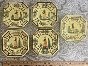 5er Set HB Quimper Soleil Mann/Dame 6 3/8" Achteck Gelb Brot Butter Teller - Bild 1 von 2