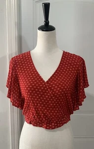 Lily White Red White Dot Crop Blouse Ruffle Fringe-Flutter Sleeve Size Small - Picture 1 of 13