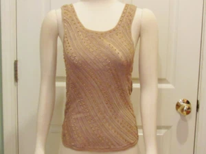 Dana Buchman Petite Crochet Tank Beaded Beige Top Beach Vacation Boho Small Tan - Picture 1 of 5