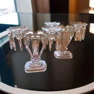 Coppia Candelabri Vetro Lira Arpa 2 Luci Bobeche Cristallo 32 Prismi Portacandele - Foto 1 di 24