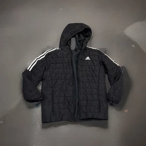 Adidas Youth Boys Puffer Jacket Coat Black White 3 Stripes Insulated Large 14/16 - Picture 1 of 3