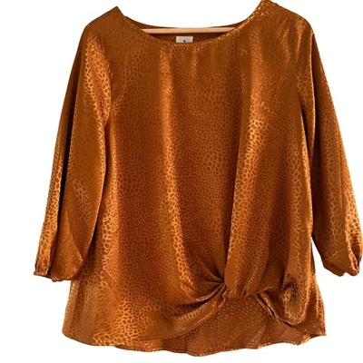Dressbarn Top 女式 L 铜橙色丝绸动物印花前扭休闲职业 — 第 1/4 张图片