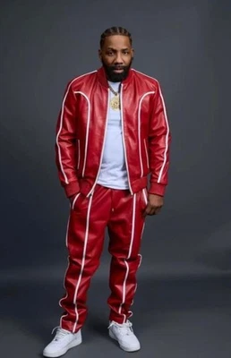 Men's Brayden PU Leather Red Track Suit Sweatsuit Jogging Tracksuit - Image 1 of 4