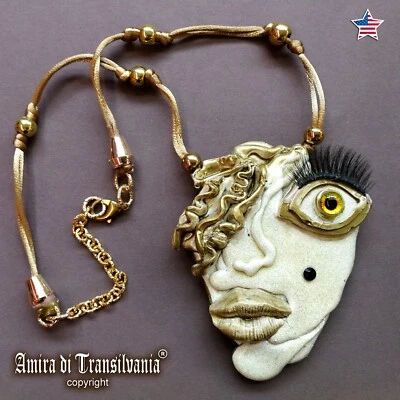 Doll Head Jewelry Necklace Pendant Minimalist Brutalist Chunky Charm Woman Face - Image 1 of 4