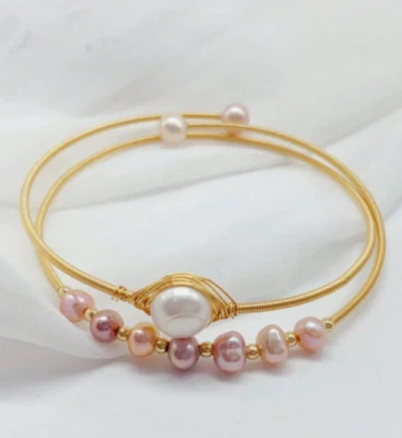 Pulsera Perla Agua Dulce Natural Chapada en Oro Doble Blanco Rosa Boda Novia Foto 1 de 4