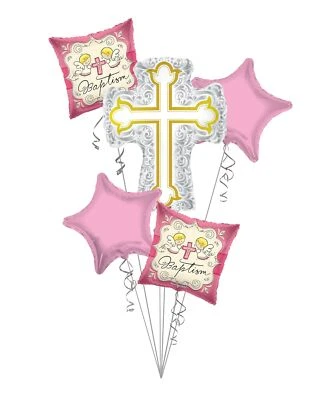 Baby Girl Christening, Baptism Silver & Gold Cross Balloon Bouquet (5 Balloons)  - Image 1 of 4
