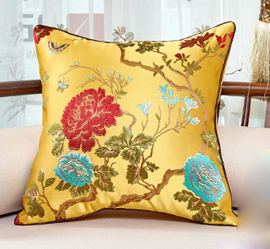 Funda de almohada de satén con flores de seda china de lujo bordada sofá funda de cojín Foto 1 de 4