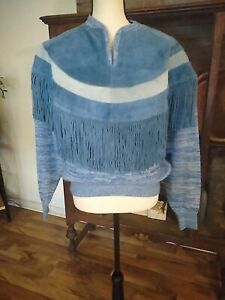 Vtg 1970s Blue Fringe Sweater W/suede Hippie Boho Vibes V Neck Pullover Unisex 