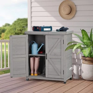 Outdoor Storage Cabinet Potting Bench Table Metal Top Patio Garden Workstation - Picture 1 of 13