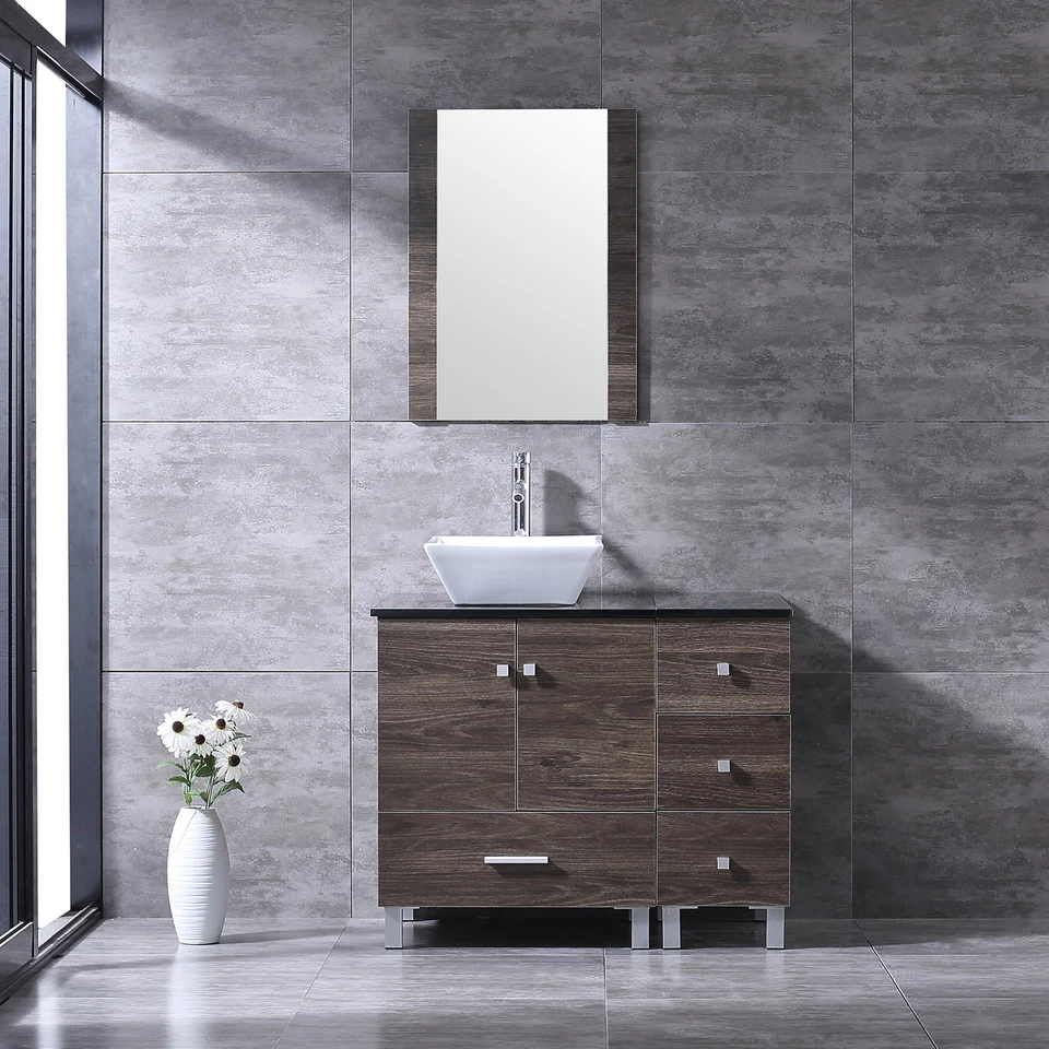 Mueble tocador de baño 36" recipiente lavabo grifo espejo madera nogal acabado grano Foto 1 de 1