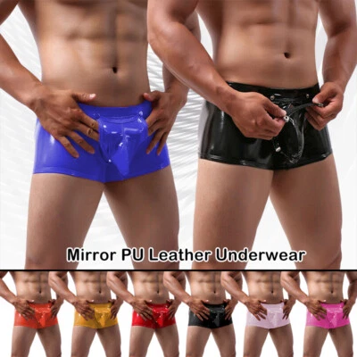 Men PVC Leather Open Crotch Pants Wet Look Boxer Shorts Underwear Nightclub NEW - Image 1 of 4