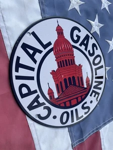 VINTAGE PORCELAIN CAPITAL GAS & OIL SERVICE STATION GARAGE SIGN 8” - Picture 1 of 10