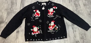 Vintage Y2K Christmas Cardigan Sweater Womens Medium Zip Santa Skates Colorful - Picture 1 of 12