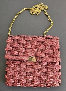 Cartera Bandolera De Colección Borgoña Tejida Mimbre Paja Cadena Dorada Italia Vacaciones de Verano - Imagen 1 de 7