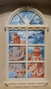 Vintage Christmas Ornament Through Window Winter Scene Victorian Girls Plastic - Picture 1 of 4