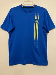 Adidas Shirt Youth XL Blue Yellow Stripes Short Sleeve Climalite Keeps You Dry - Picture 1 of 13