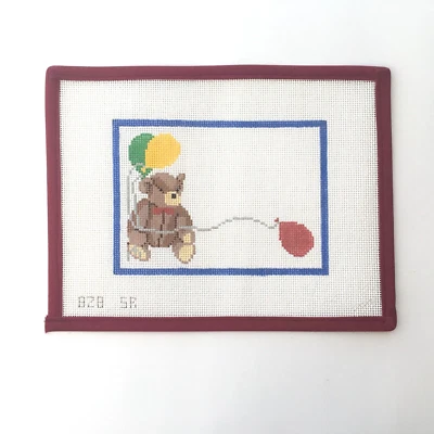 Handpainted Needlepoint Canvas Birth Announcement Teddy Bear Balloons 14 Mesh - Image 1 of 4