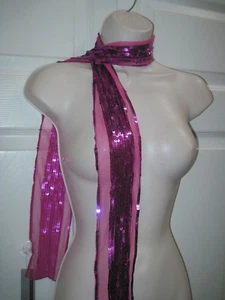 Women's Neck Scarf Fuchsia Pink Sequins & Netted Sheer Fabric Thin 60 x 3" NWT - Picture 1 of 10