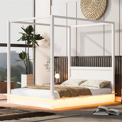 Modern Queen Size Canopy Bed w/LED Light &Support Slat Wooden Platform Bed Frame - Image 1 of 4