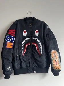 A Bathing Ape BAPE Nylon MA-1 Shark Embroidered Bomber Jacket In Black Size L - Picture 1 of 11