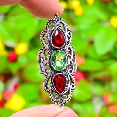 Peridot, Garnet Gemstone Handmade 925 Sterling Silver Jewelry Ring Size 6.5 Z398 - Image 1 of 4