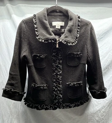 Mac & Jac Women’s Jacket M Black Ruffles Zip Wool Pockets Collared - Image 1 of 4